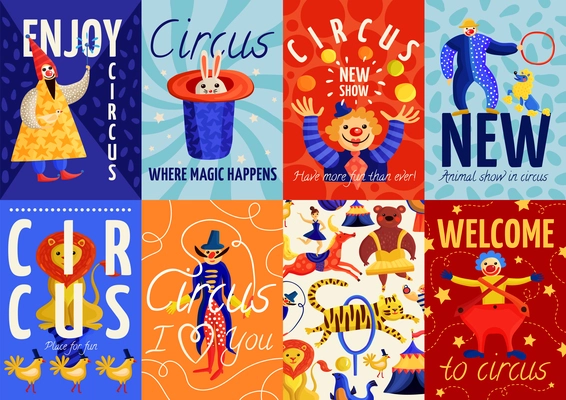 Set of circus posters and banners with clown, magician, trained animals on colorful backgrounds isolated vector illustration