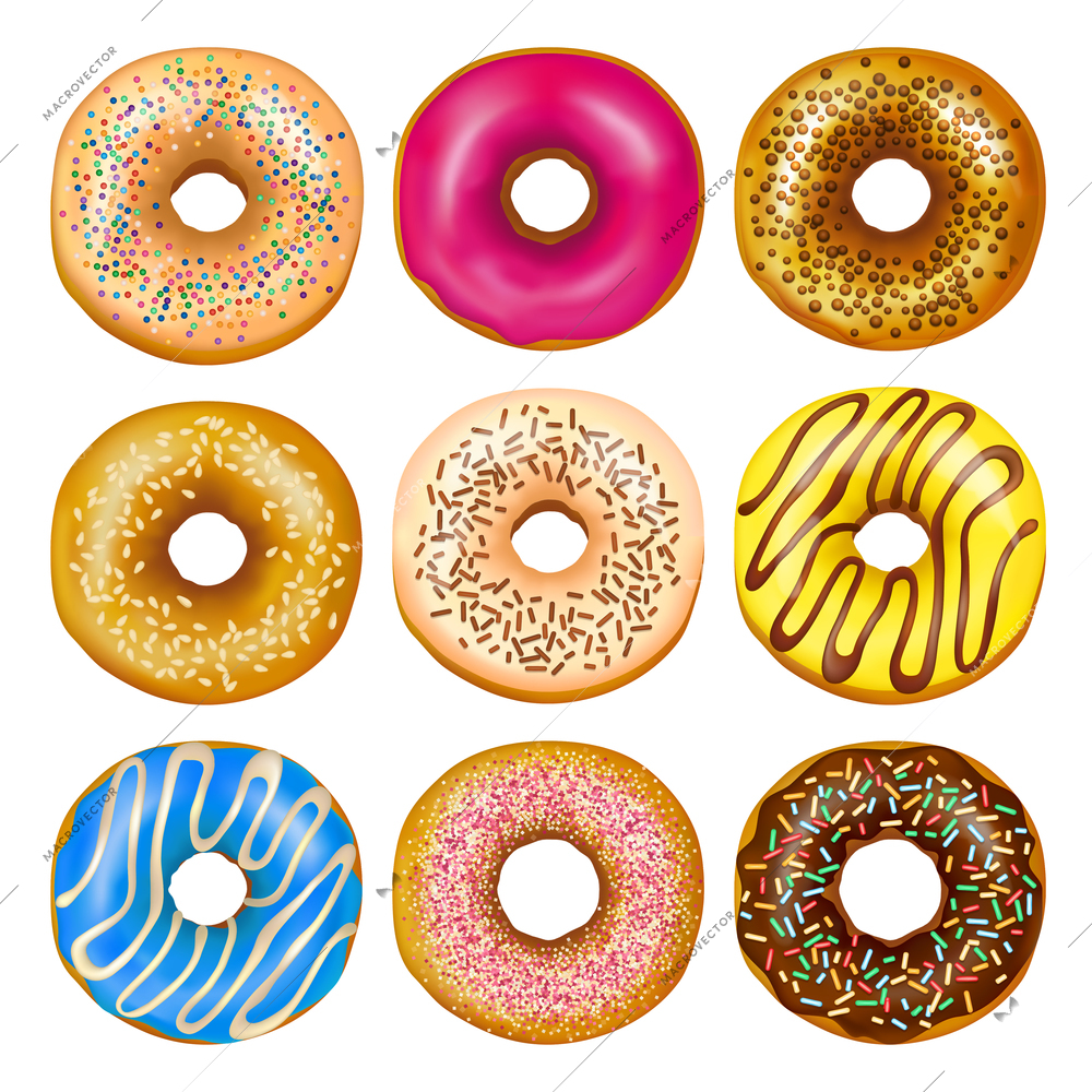 Realistic set of delicious glazed donuts with colorful toppings isolated on white background vector illustration