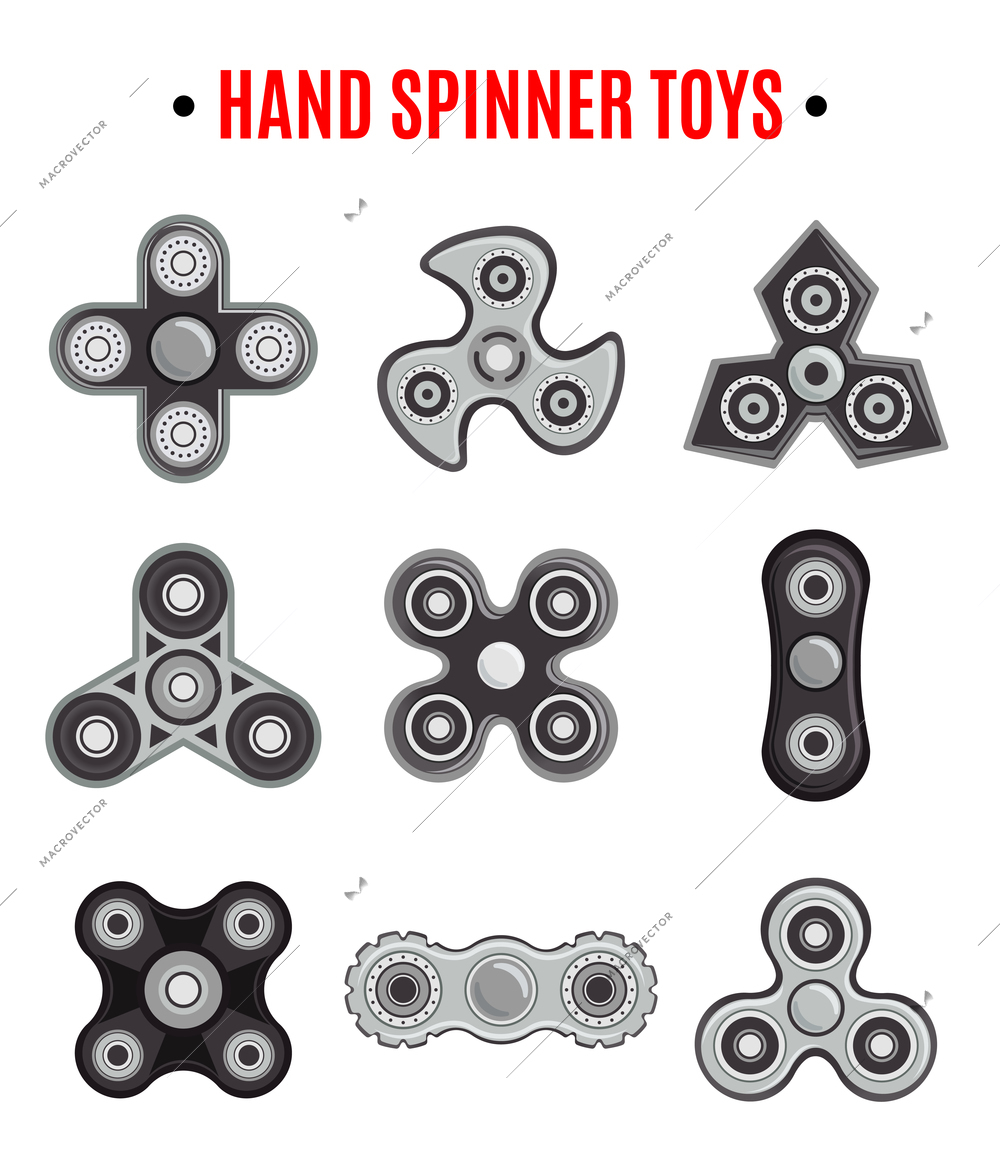 Rotation fidget hand spinner stress relieving and increasing concentration toys black icons collection isolated vector illustration