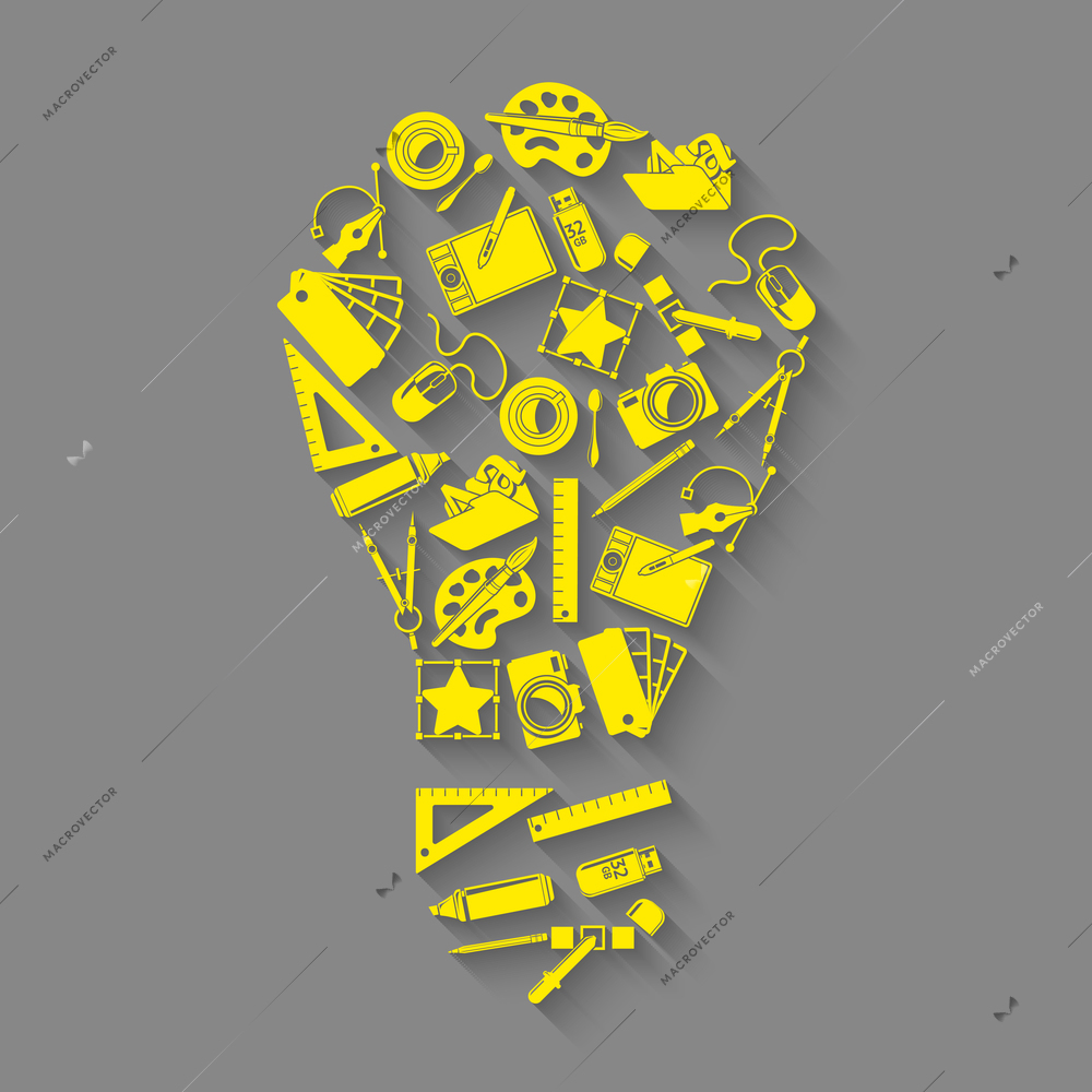 Graphic designer studio tools creative process lightbulb idea concept vector illustration