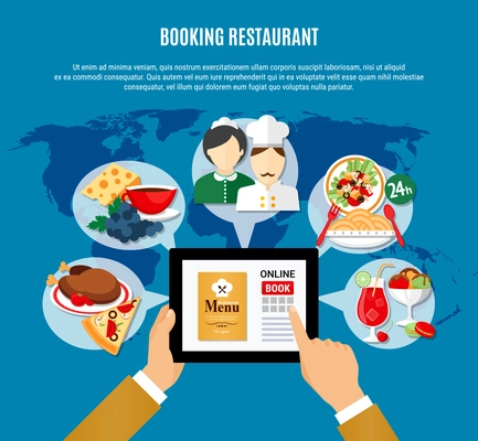 Man reading menu and booking restaurant online flat vector illustration