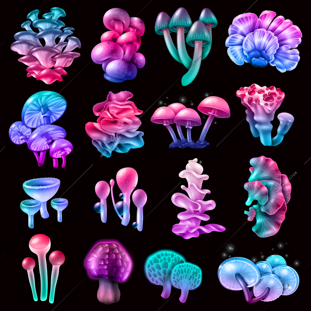 Colorful magic mushrooms of different shape with sparkles, bubbles, droplets, collection on black background isolated vector illustration