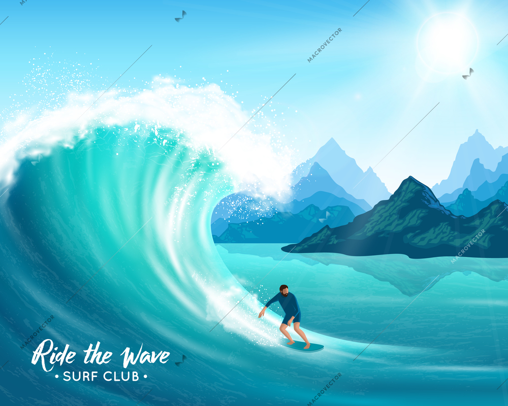 Surfer and big ocean wave on rocks background, sun and blue sky, natural landscape vector illustration