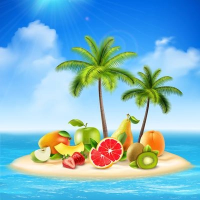 Fresh fruit conceptual background with composition of tropical island with palms and fruit slices on sands vector illustration