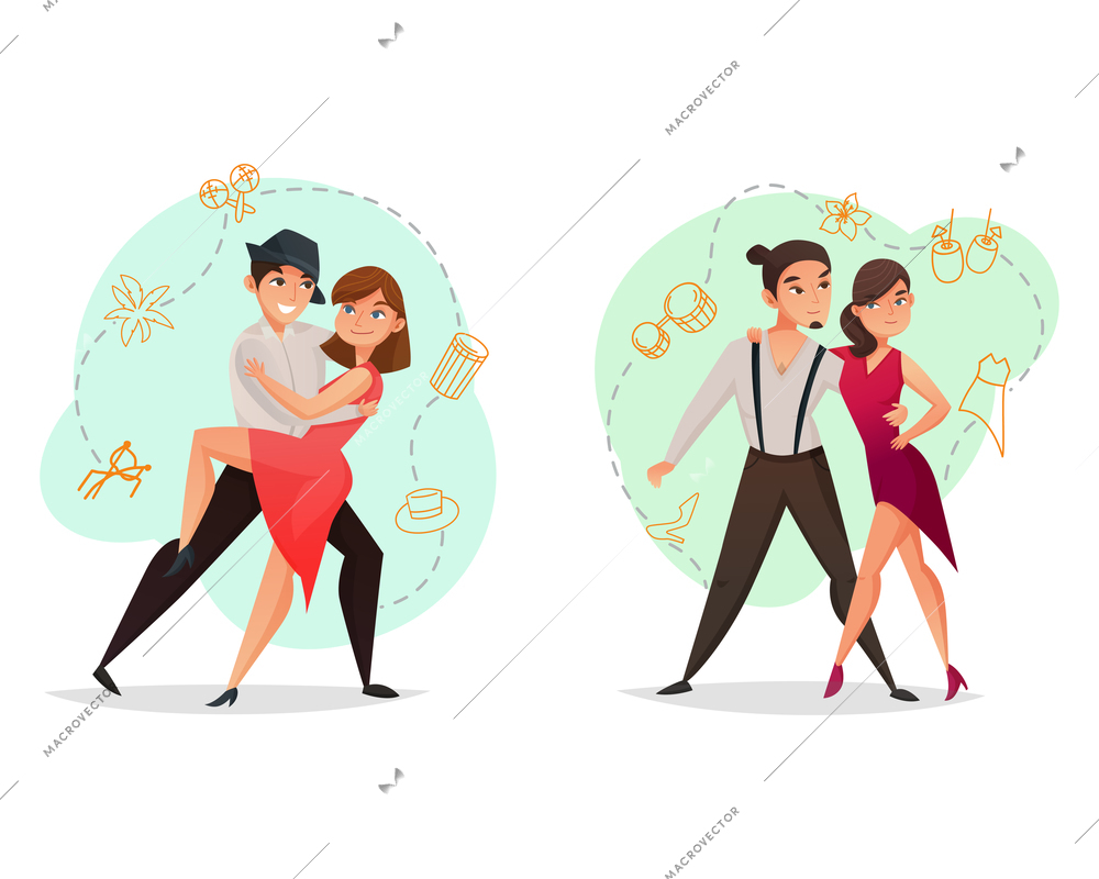Famous dance styles 2 web templates set with pairs tango and salsa moves retro isolated vector illustration
