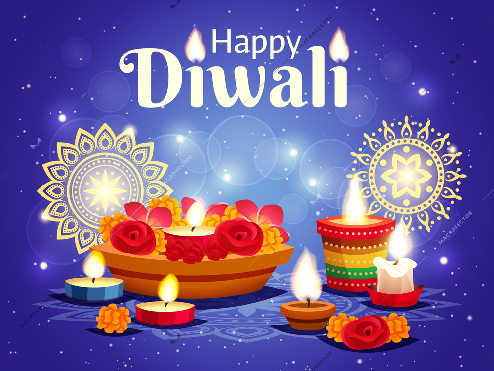 Realistic sparkling blue background with different objects for celebrating indian diwali holiday vector illustration