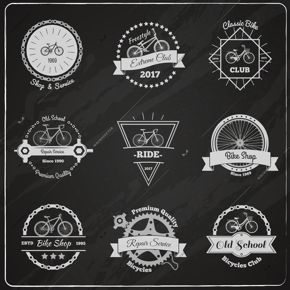 Collection of bicycle vintage emblems on chalkboard with flat wheels chains decorative design elements and captions vector illustration