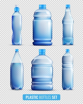 Colored and realistic 3d plastic bottles transparent icon set on transparent background vector illustration