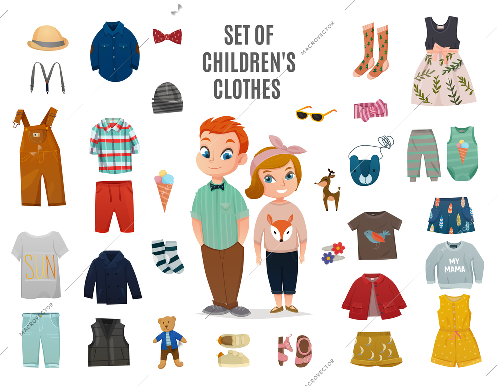 Colored flat children fashion big icon set with set of children clothes headline vector illustration