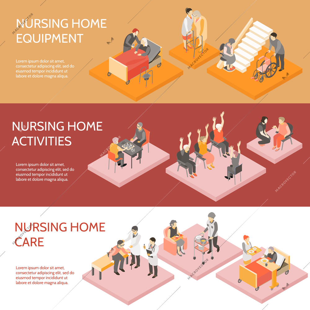 Nursing home 3 horizontal infographic elements isometric banners set with equipment and daily activities isolated vector illustration