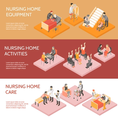 Nursing home 3 horizontal infographic elements isometric banners set with equipment and daily activities isolated vector illustration
