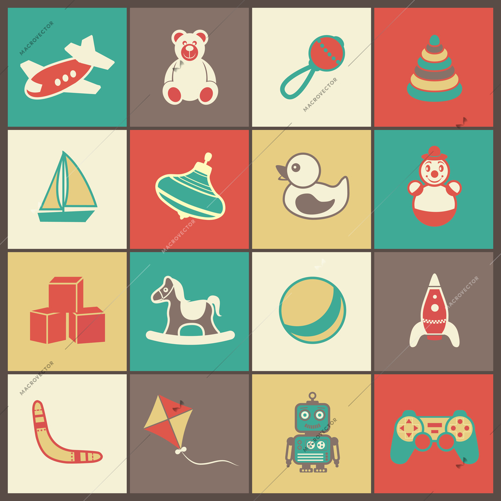 Flat kid children toys icons set of yacht spinner rubber duck clown isolated vector illustration