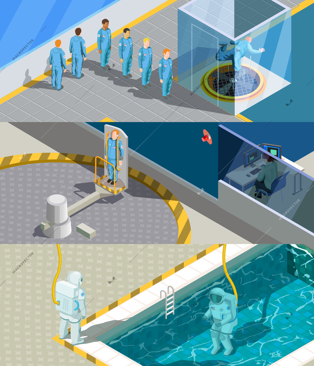 Astronaut training program isometric horizontal compositions set with human characters and simulation training system exercise devices vector illustration