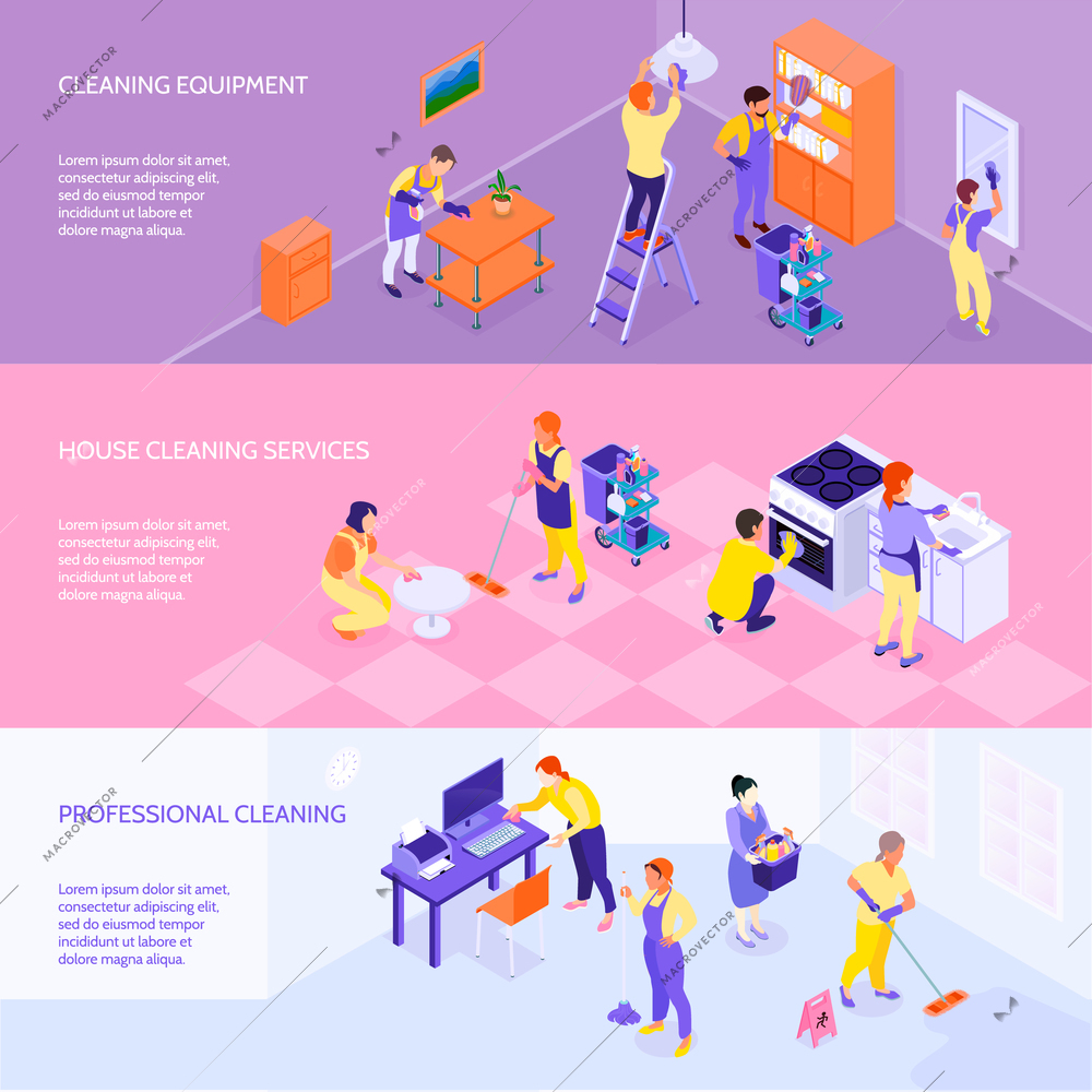 Professional cleaning company equipment services and rates 3 horizontal infographic elements isometric banners set isolated vector illustration