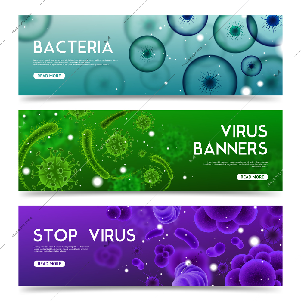 Set of horizontal banners with realistic viruses and bacteria isolated on blurred colorful backgrounds vector illustration