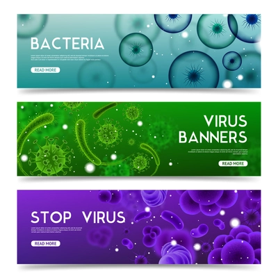 Set of horizontal banners with realistic viruses and bacteria isolated on blurred colorful backgrounds vector illustration