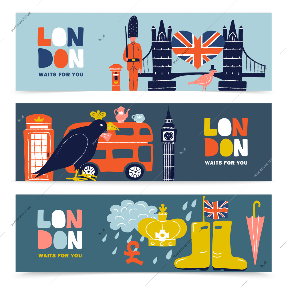 Set of horizontal banners with london landmarks including guards, architecture, tea, royal ravens, umbrella isolated vector illustration