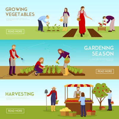 Set of horizontal banners with people growing vegetables, gardening season, harvesting, sale of crop isolated vector illustration