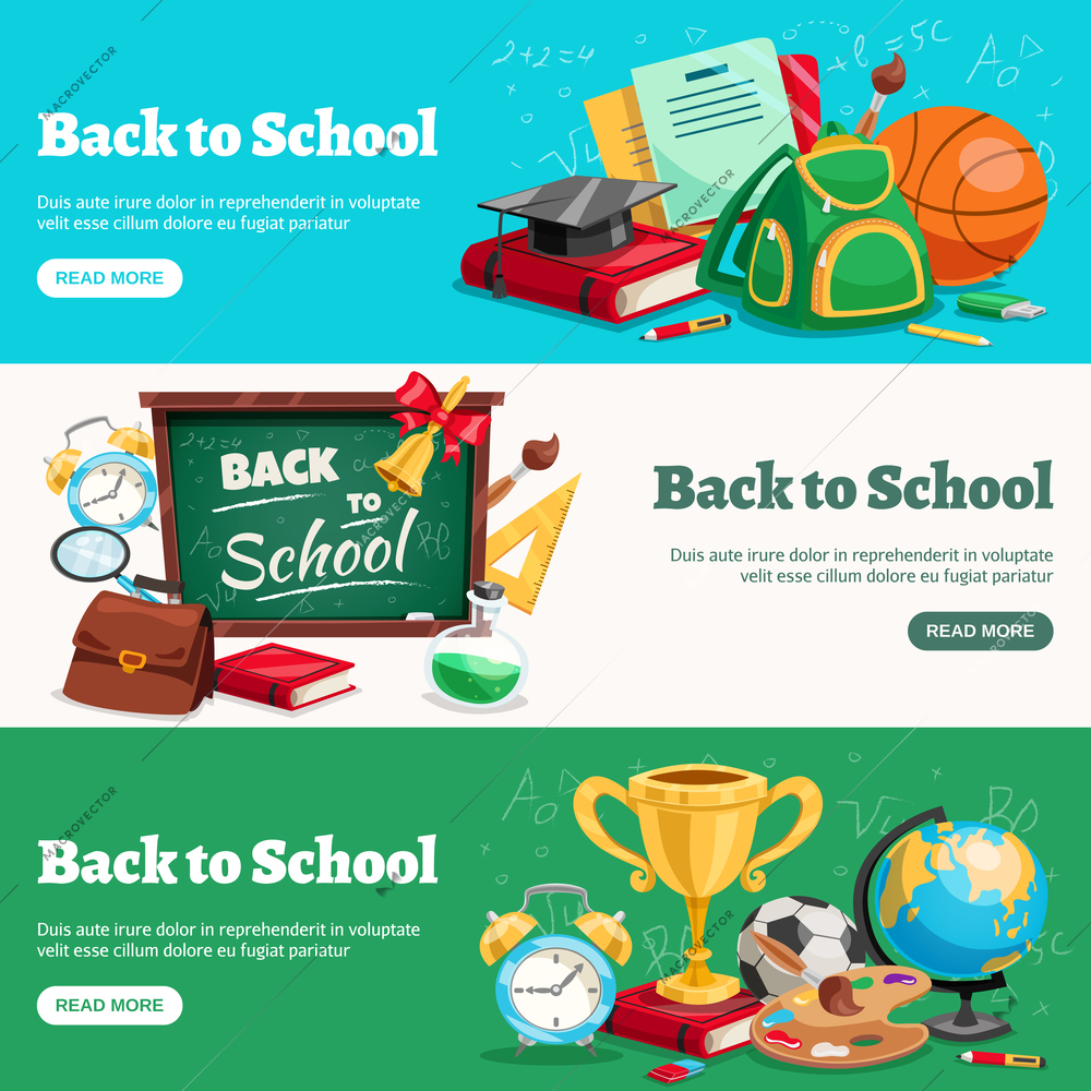 Back to school 3 horizontal banners webpage design with classroom ready backpacks chalkboard stationary supplies isolated vector illustration