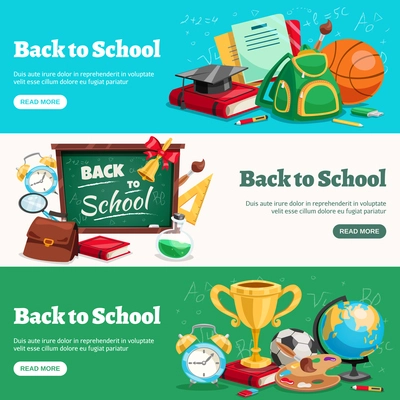 Back to school 3 horizontal banners webpage design with classroom ready backpacks chalkboard stationary supplies isolated vector illustration