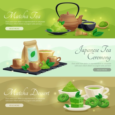 Japanese tea ceremony 3 horizontal banners webpage design  green matcha powder dessert and teapot isolated vector illustration