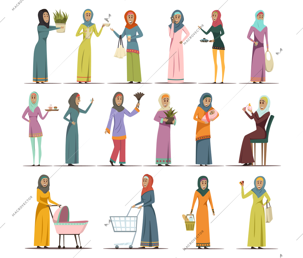 Arabic woman icons set with work and family symbols flat isolated vector illustration