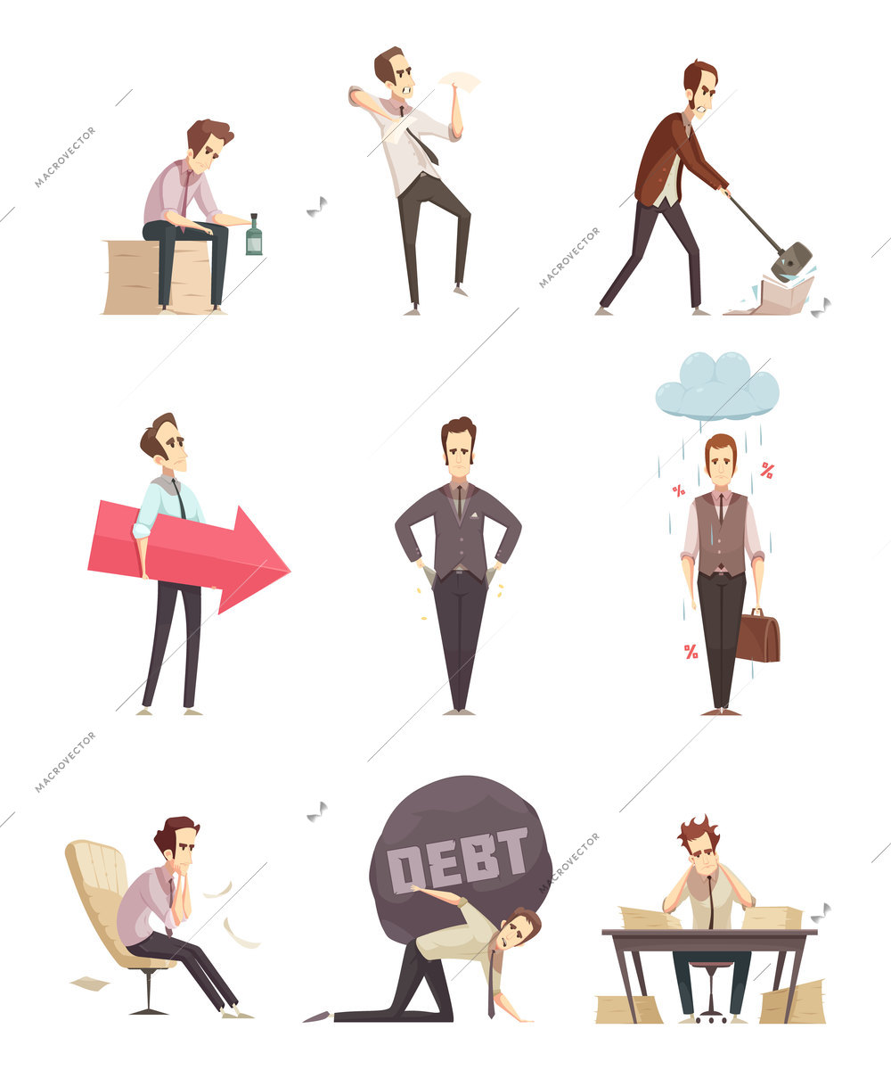 Business failure retro cartoon icons set with frustrated upset businessman with debt burden metaphor isolated vector illustration