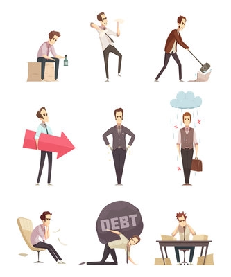Business failure retro cartoon icons set with frustrated upset businessman with debt burden metaphor isolated vector illustration