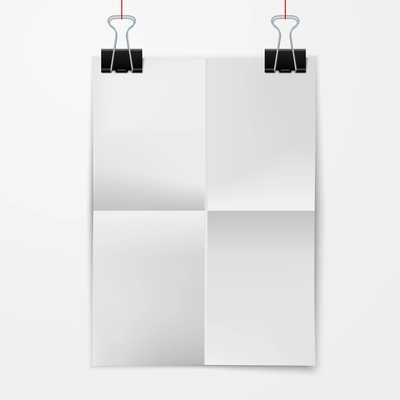 Folded blank paper sheet hanging on binder clips isolated on white background vector illustration