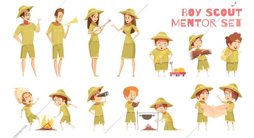 Mentors guiding boy scouts orienteering with map outdoor camp activities retro cartoon icons series isolated vector illustration