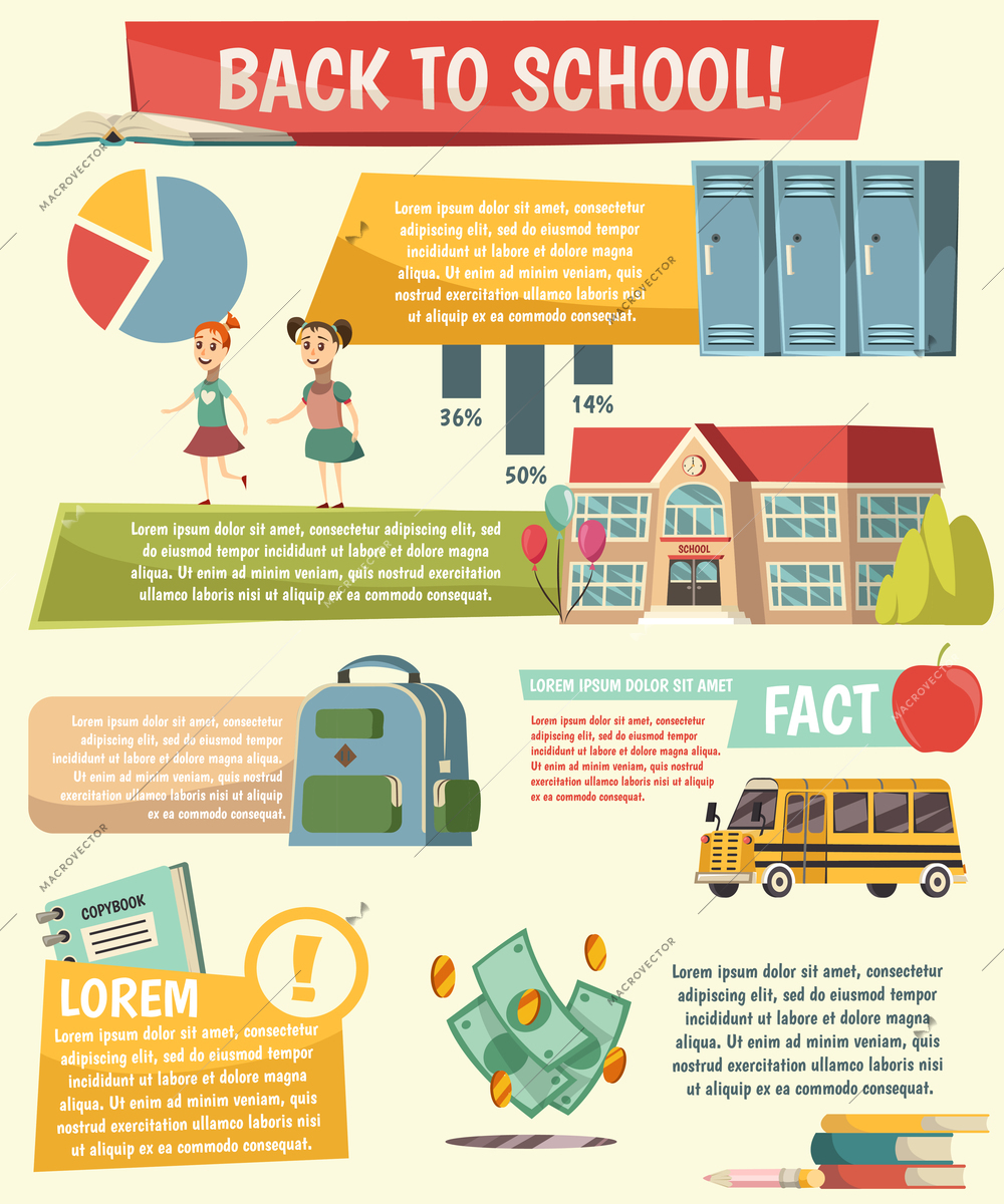 School orthogonal infographics with all about back to school percentage and different facts vector illustration