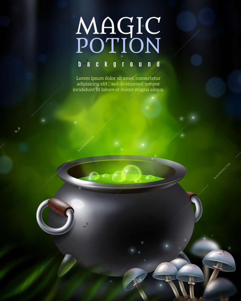 Magic potion background with black potty and green steaming hebenon boiling away with toadstool mushroom images vector illustration