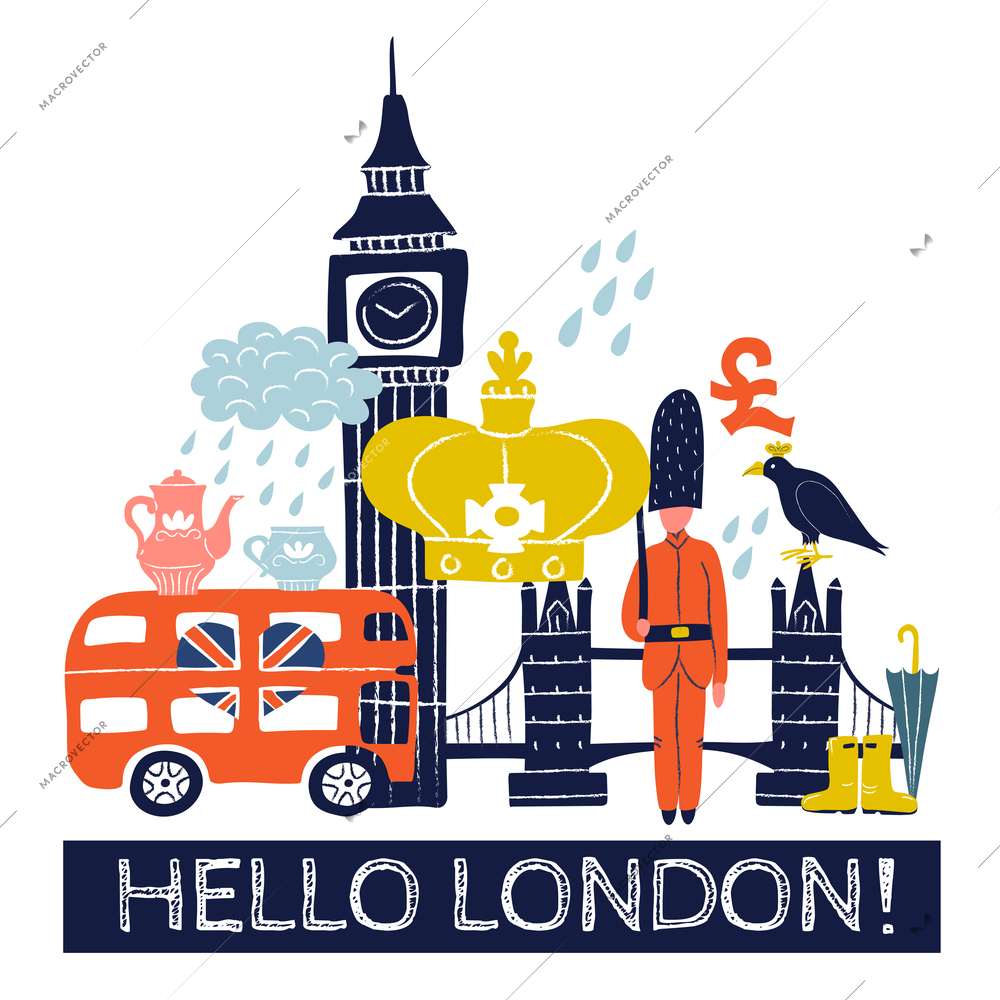 Tourist london poster with royal crown, pound sign, double decker bus, tower bridge, big ben vector illustration