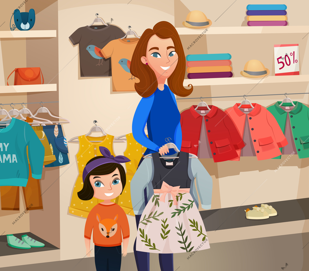 Colored flat childrens clothing store composition with mother and daughter try on clothes vector illustration