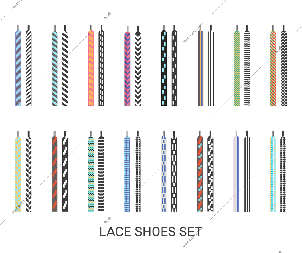 Modern colored patterned shoelaces pairs icons set for casual sport sneakers selection white background isolated vector illustration