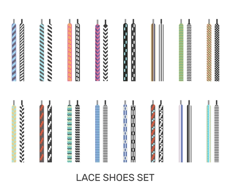 Modern colored patterned shoelaces pairs icons set for casual sport sneakers selection white background isolated vector illustration