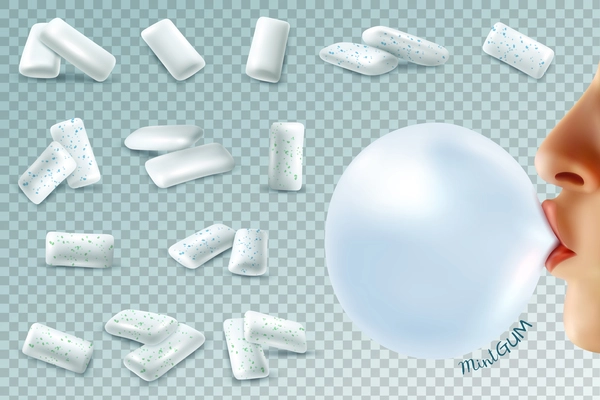 Realistic gum transparent set with mint chewing gum pieces and human lips with bubble on transparent background vector illustration