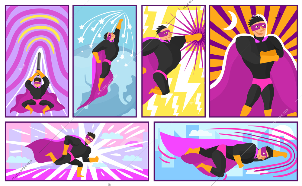 Set of banners and posters in comics style with superhero actions on colorful background isolated vector illustration