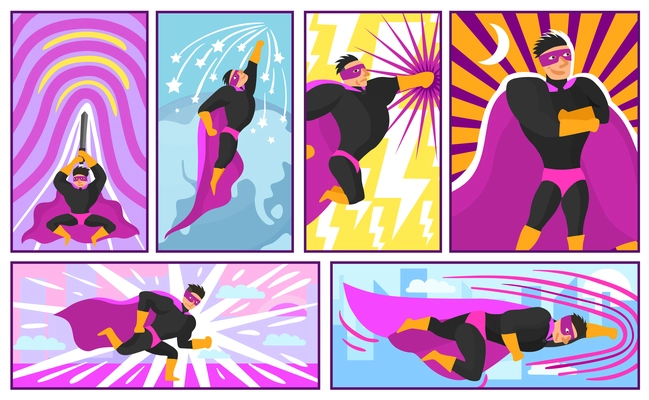 Set of banners and posters in comics style with superhero actions on colorful background isolated vector illustration