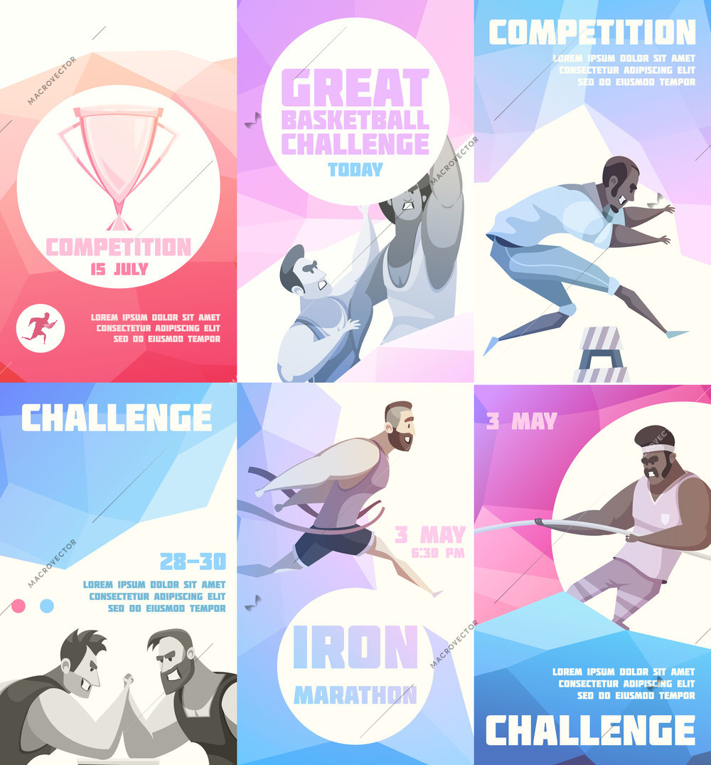 Competition flyer set of six vertical posters with cartoon sportsman characters representing different kinds of sport vector illustration