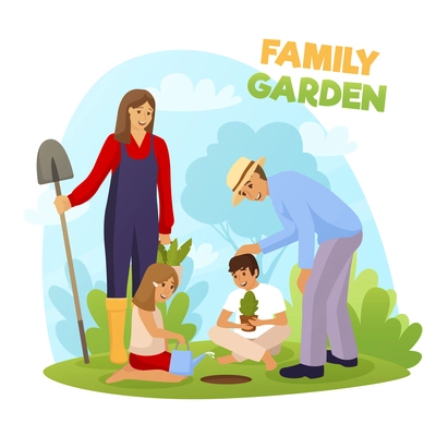 Family garden with smiling adults and kids, boy holding seedling and girl watering ground flat vector illustration