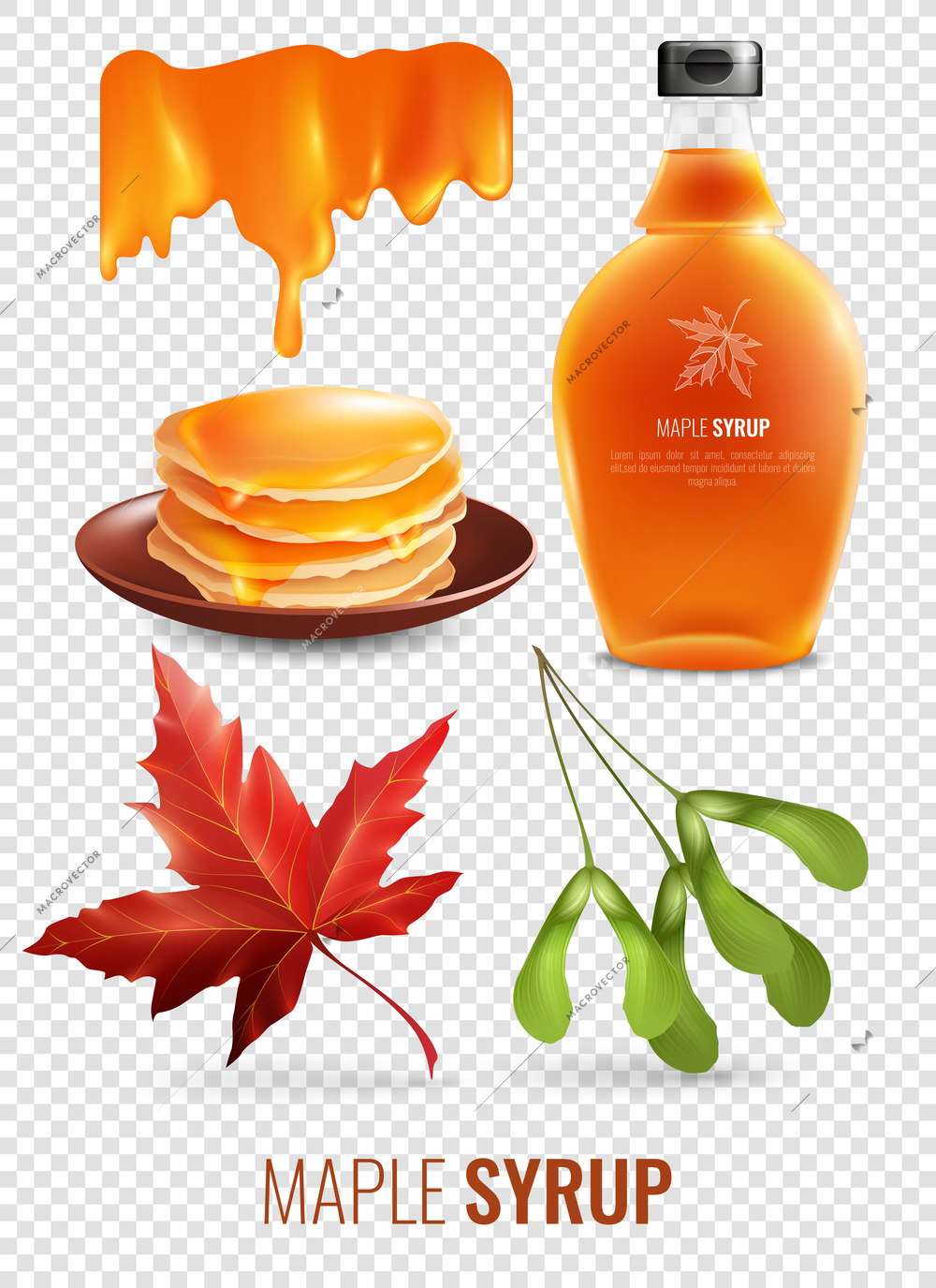 Maple syrup isolated elements set on transparent background with red maple leaf pancakes and branded glass bottle vector illustration