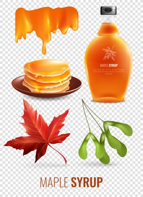 Maple syrup isolated elements set on transparent background with red maple leaf pancakes and branded glass bottle vector illustration