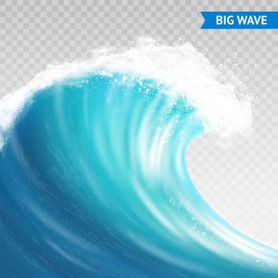 Big sea or ocean wave with spray, foam on crest and reflection on transparent background vector illustration