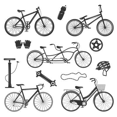 Bicycle vintage elements collection of isolated silhouette images with different bike models spare parts and accessories vector illustration