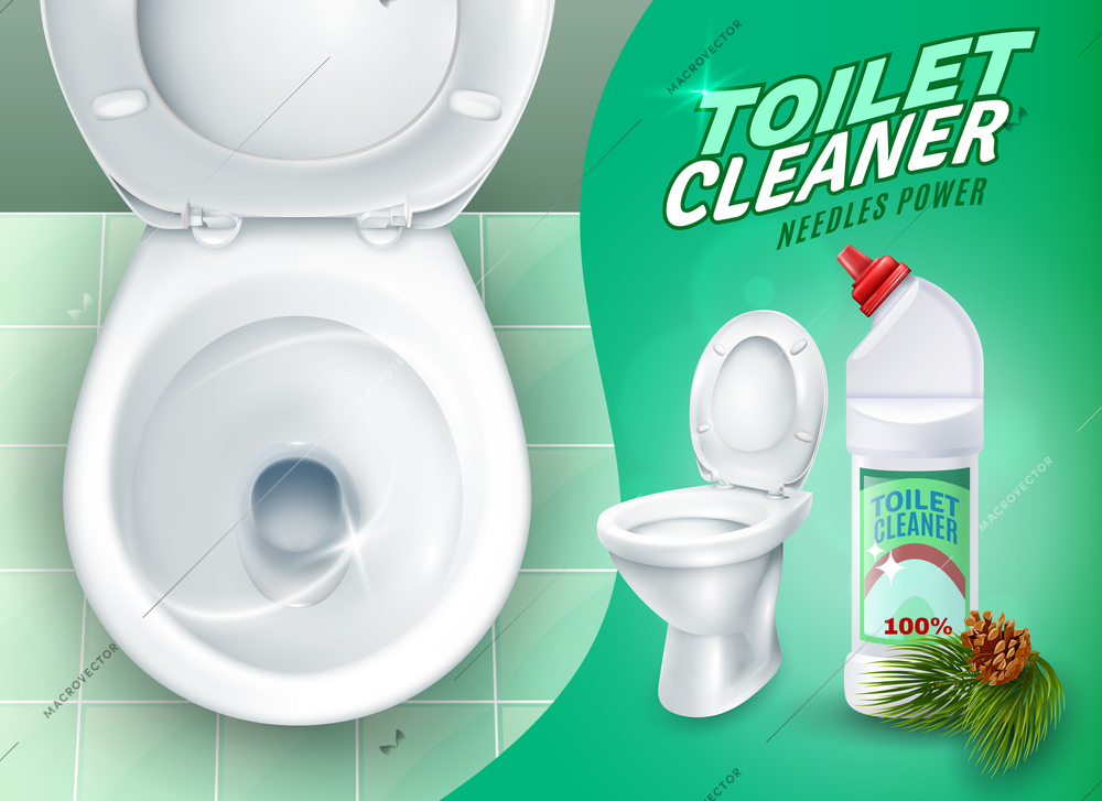 Ad poster with realistic shiny toilet on green tile and cleaner gel with pine needles vector illustration