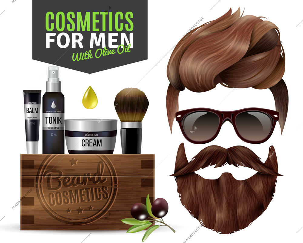 Realistic poster with male cosmetics for hair and beard vector illustration