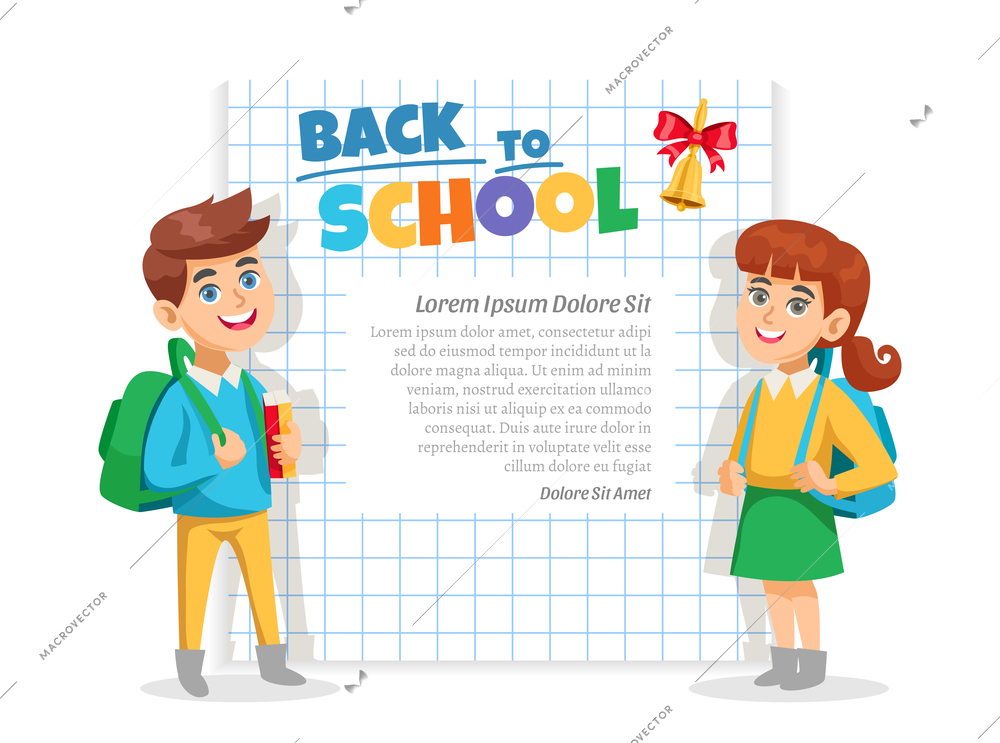 Back to school announcement lettering frame with schoolgirl schoolboy notebook squared paper page background poster vector illustration