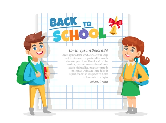 Back to school announcement lettering frame with schoolgirl schoolboy notebook squared paper page background poster vector illustration