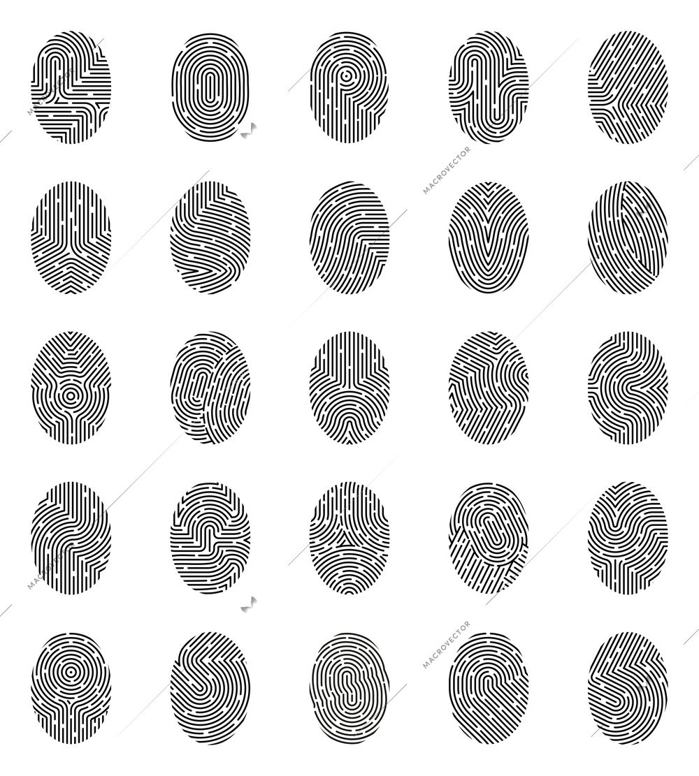 Set of icons with black white unique fingerprints from various curve lines and stains isolated vector illustration